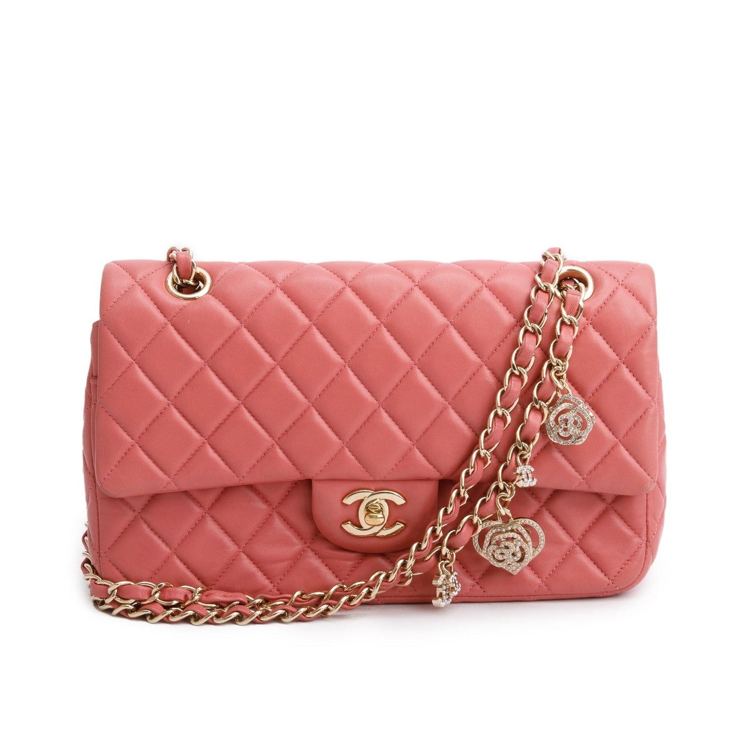 Chanel Pink Lambskin Quilted Valentine Charms Medium Single Flap