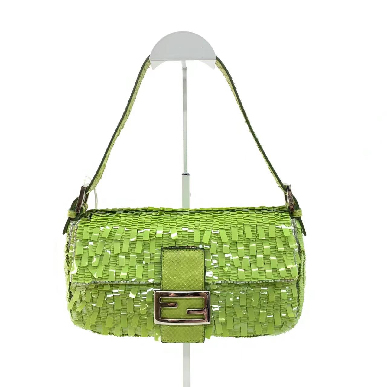 Fendi Baguette Green Sequins Shoulder Bag