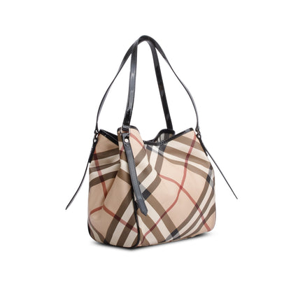 Burberry Patent Leather-Trimmed Nova Check Tote Bag