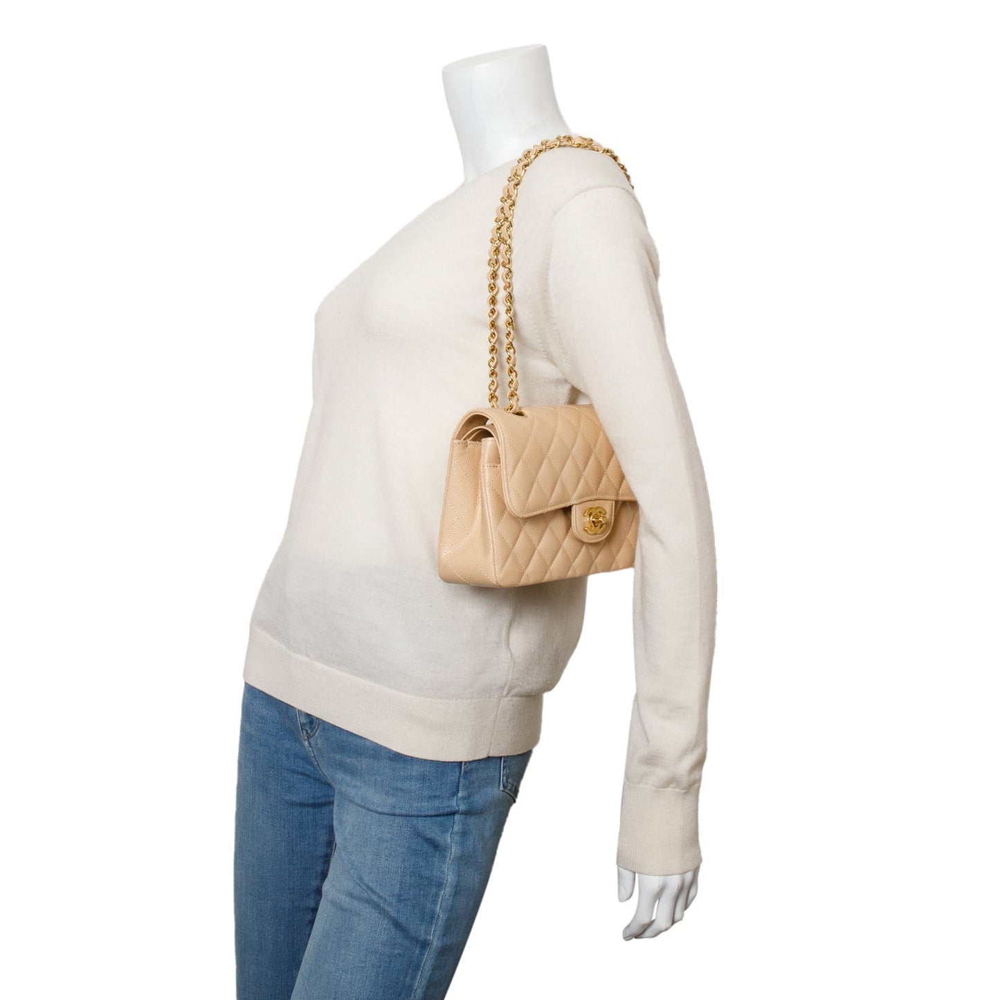 Chanel 2025 Beige Caviar Quilted Small Double Flap Bag