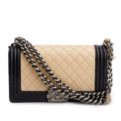 Chanel Beige/Black Quilted Lambskin Leather Medium Boy Bag