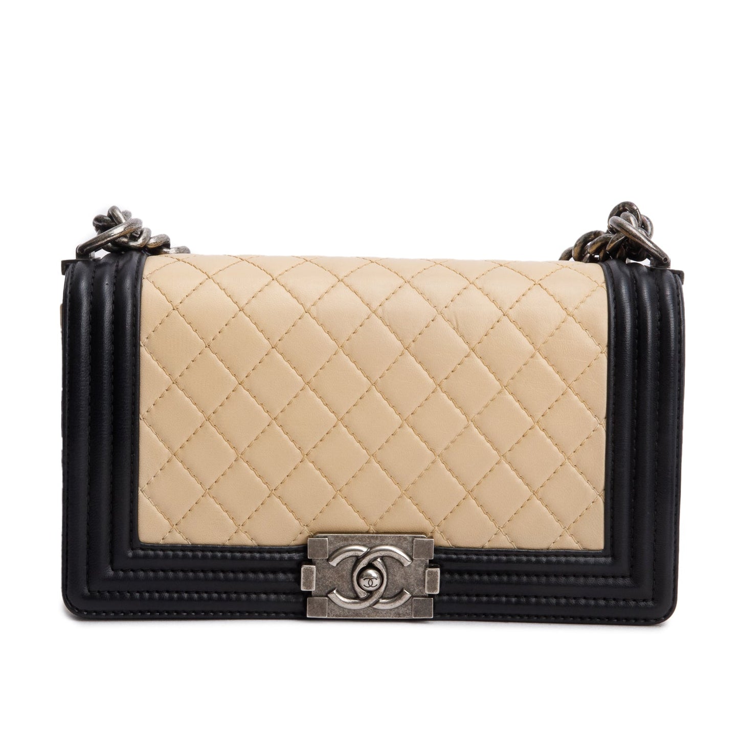 Chanel Beige/Black Quilted Lambskin Leather Medium Boy Bag