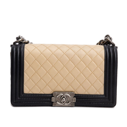 Chanel Beige/Black Quilted Lambskin Leather Medium Boy Bag