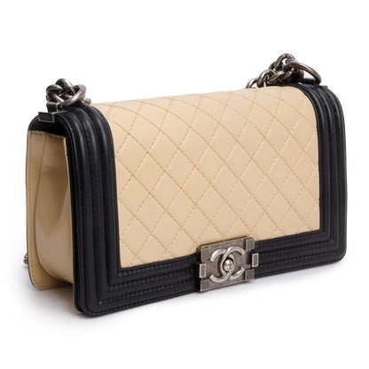 Chanel Beige/Black Quilted Lambskin Leather Medium Boy Bag