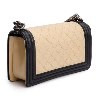 Chanel Beige/Black Quilted Lambskin Leather Medium Boy Bag