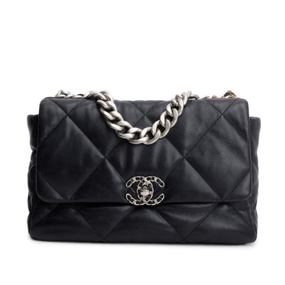 Chanel 2022 Black Lambskin Quilted Large 19 Flap Bag