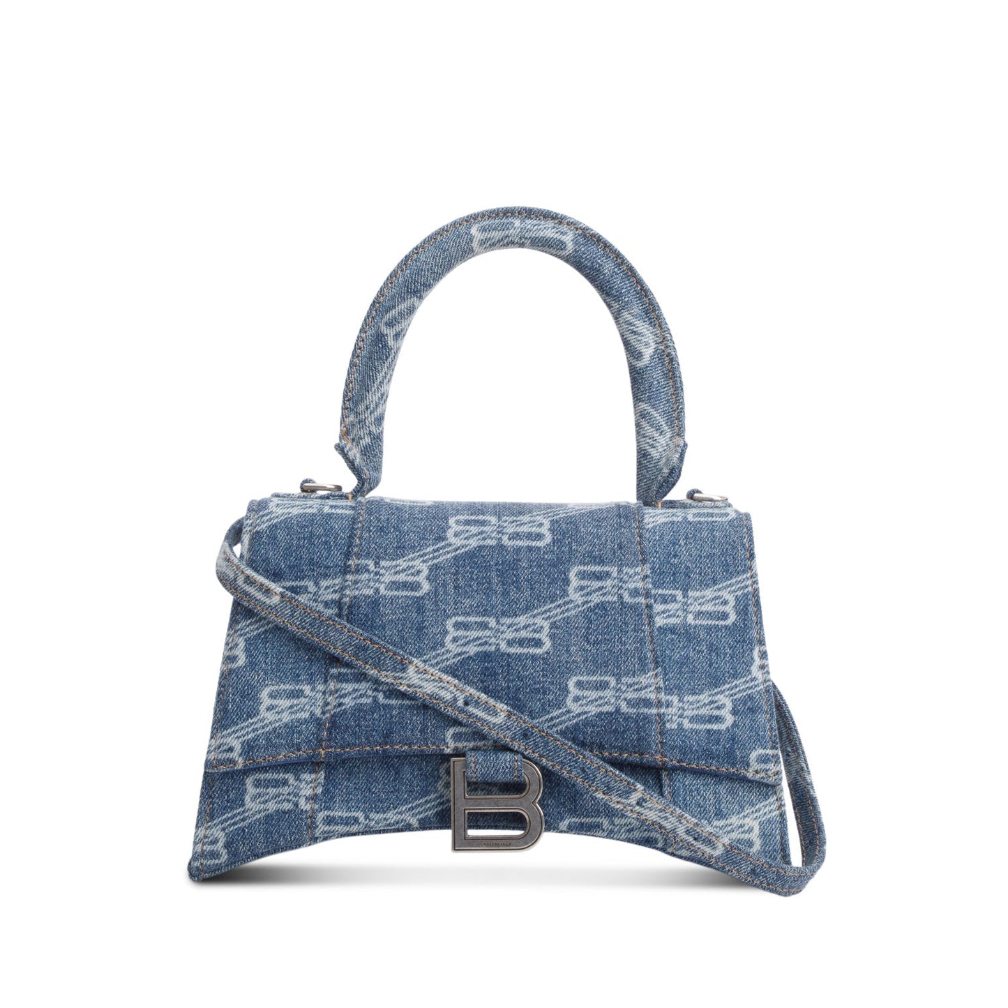 Balenciaga Blue BB Monogram Denim Small Hourglass Top Handle Bag