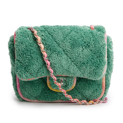 Chanel 2020 Green Quilted Terry Cloth Small Square Flap Bag