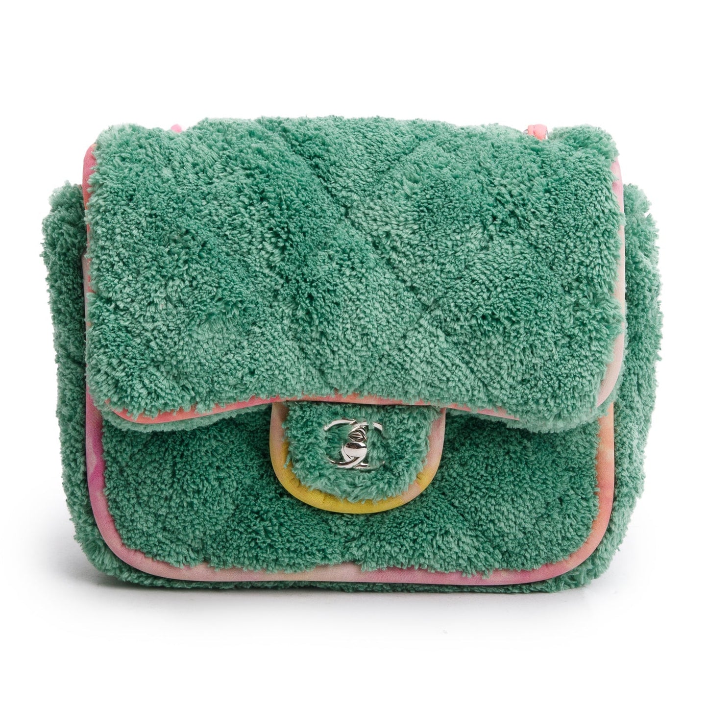 Chanel 2020 Green Quilted Terry Cloth Small Square Flap Bag