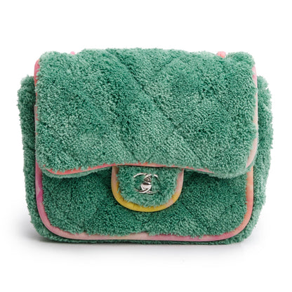 Chanel 2020 Green Quilted Terry Cloth Small Square Flap Bag