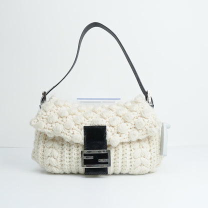 Fendi Baguette Bag White Wool Pompom Shoulder Bag