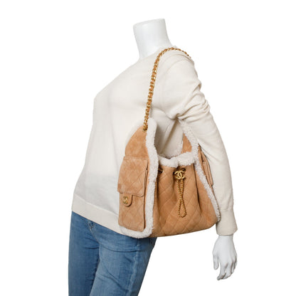 Chanel Brown Suede Quilted Shearling Small 25 Handbag
