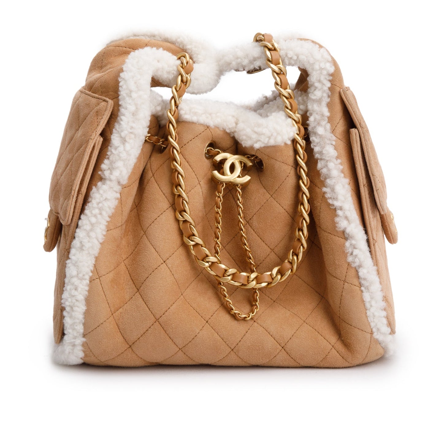 Chanel Brown Suede Quilted Shearling Small 25 Handbag