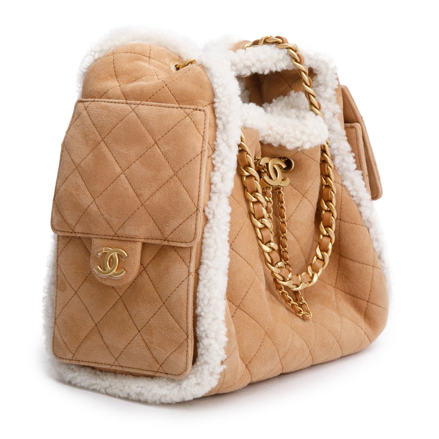 Chanel Brown Suede Quilted Shearling Small 25 Handbag