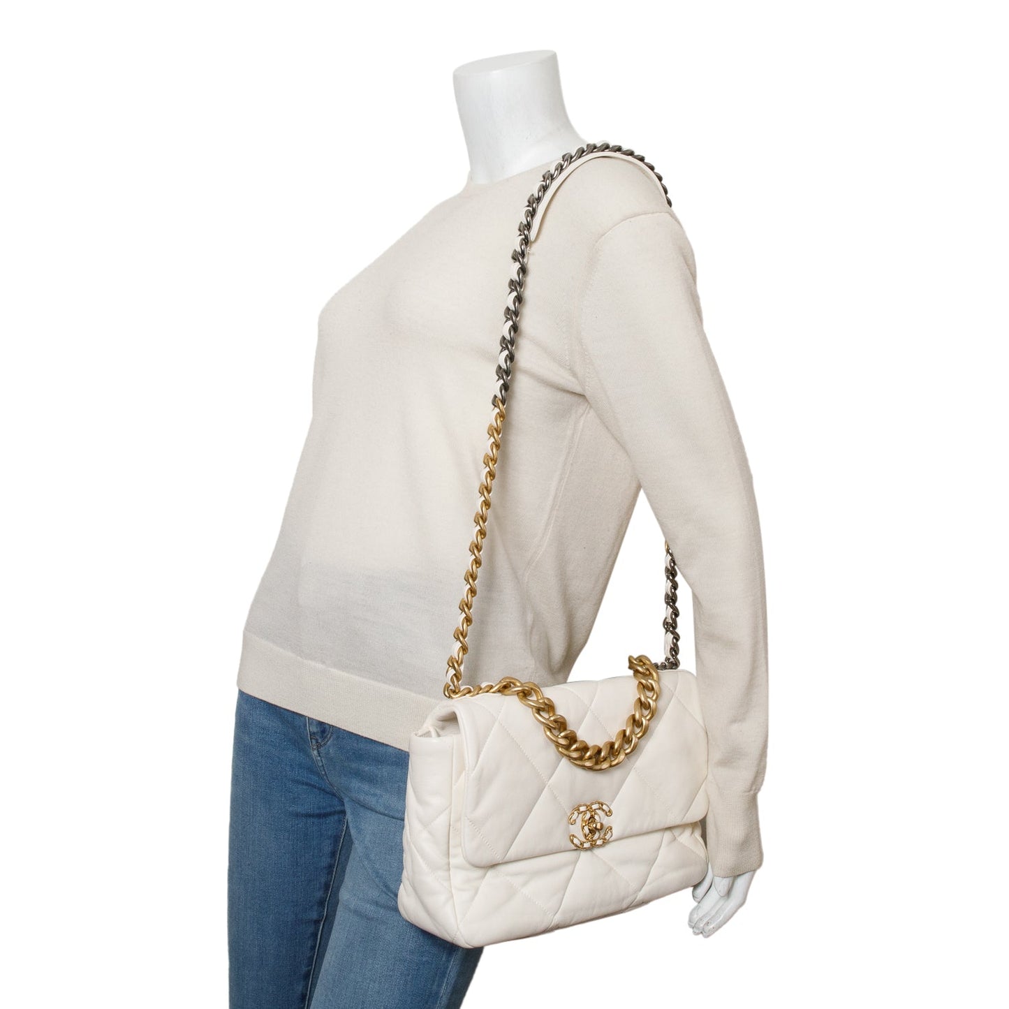 Chanel 2020 White Lambskin Leather Medium 19 Flap Bag