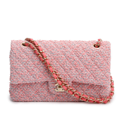 Chanel 2020 Pink Tweed Quilted Medium Double Flap Bag