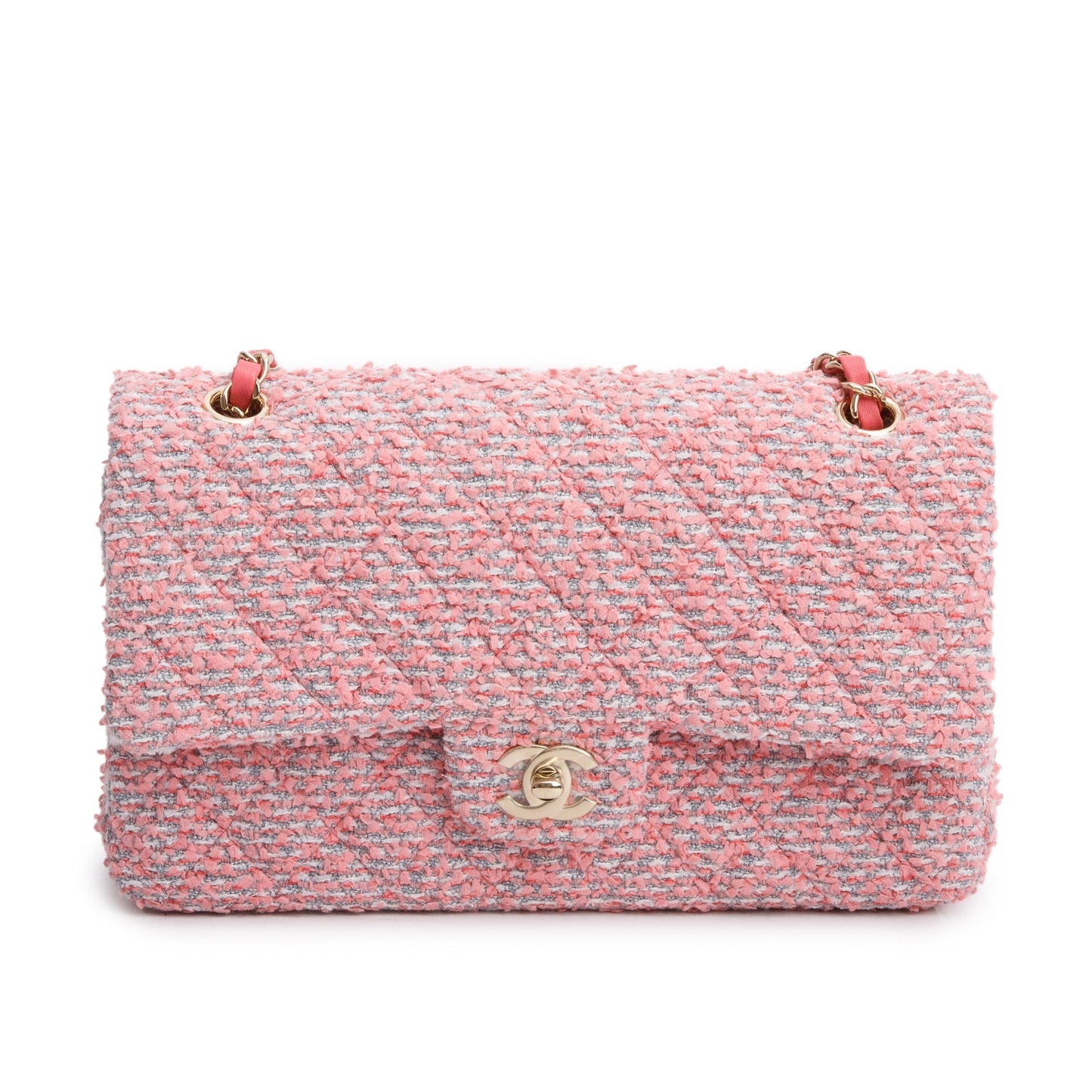 Chanel 2020 Pink Tweed Quilted Medium Double Flap Bag