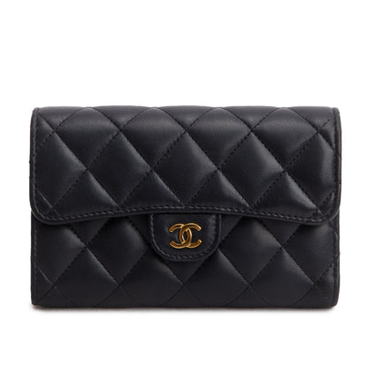 Chanel 2023 Black Lambskin Quilted Medium Flap Wallet