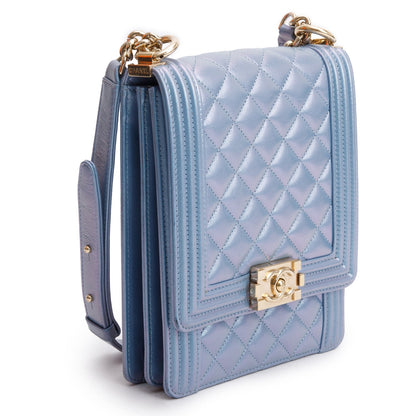 Chanel Blue Iridescent Calfskin Quilted North South Boy Flap Bag