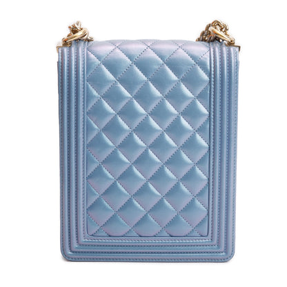 Chanel Blue Iridescent Calfskin Quilted North South Boy Flap Bag