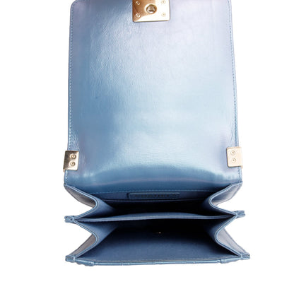 Chanel Blue Iridescent Calfskin Quilted North South Boy Flap Bag