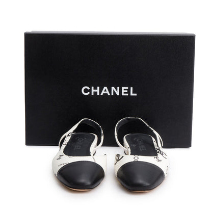 Chanel White Black Printed Lambskin CC Slingback Flats, Size 40