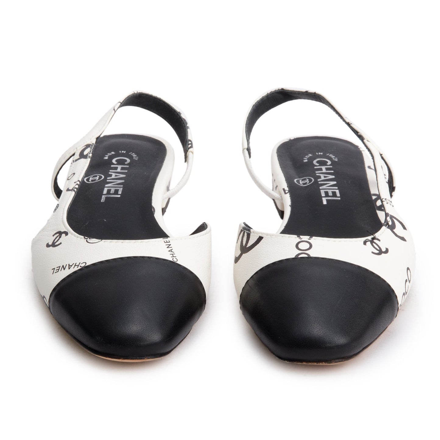 Chanel White Black Printed Lambskin CC Slingback Flats, Size 40