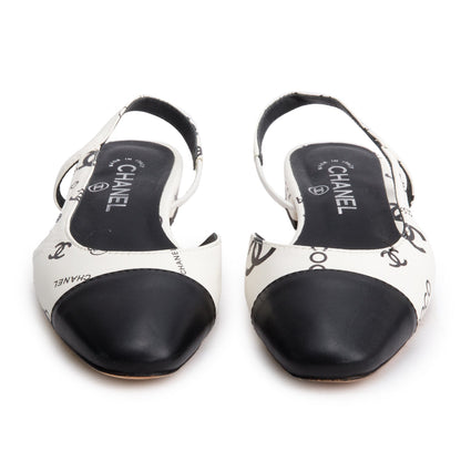 Chanel White Black Printed Lambskin CC Slingback Flats, Size 40