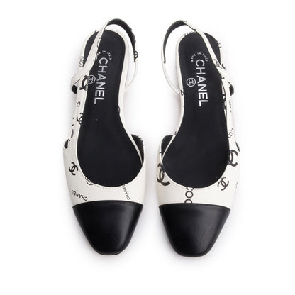 Chanel White Black Printed Lambskin CC Slingback Flats, Size 40