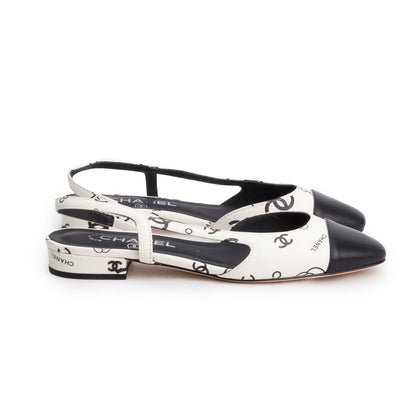Chanel White Black Printed Lambskin CC Slingback Flats, Size 40