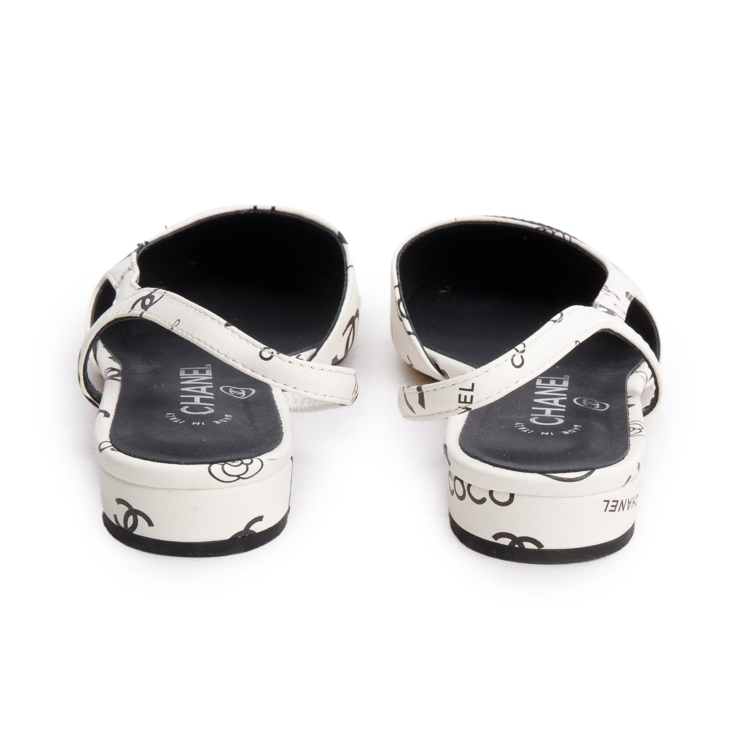 Chanel White Black Printed Lambskin CC Slingback Flats, Size 40