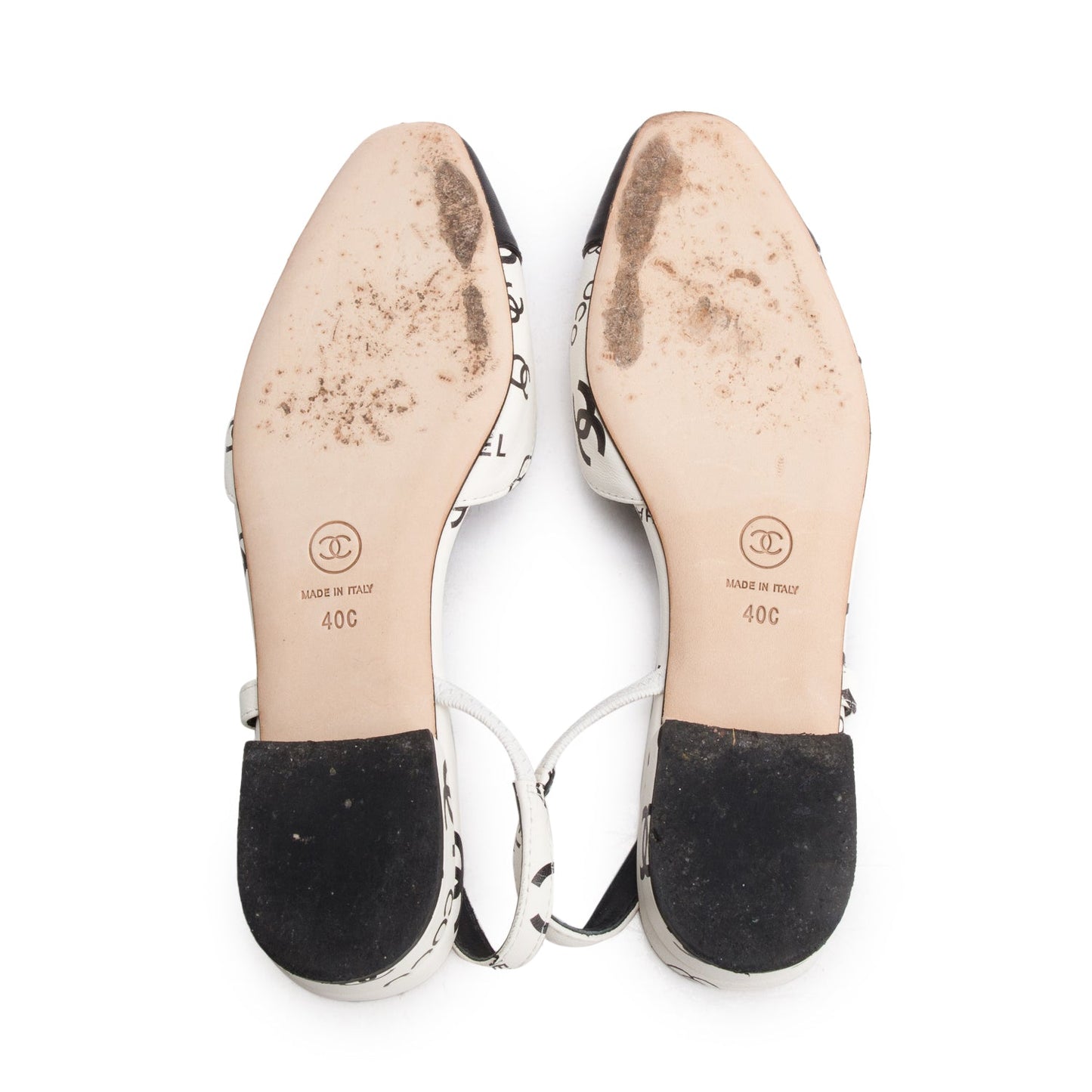 Chanel White Black Printed Lambskin CC Slingback Flats, Size 40