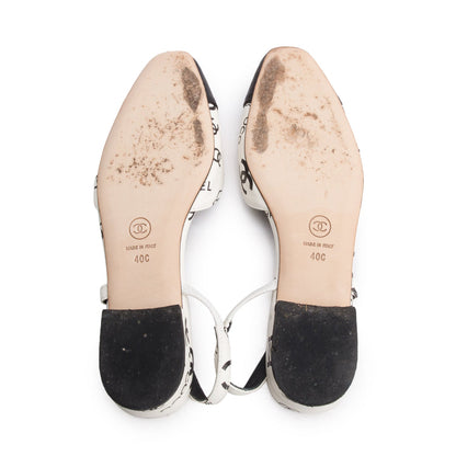 Chanel White Black Printed Lambskin CC Slingback Flats, Size 40