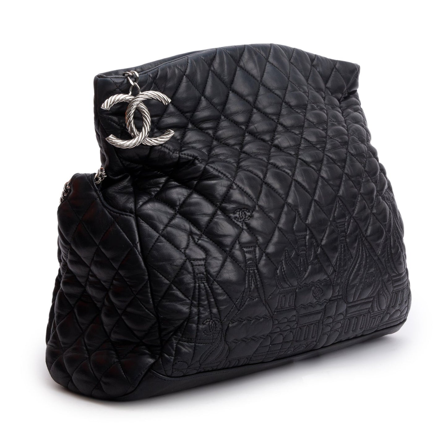Chanel Black Lambskin Quilted Large Paris Moscou Red Square Hobo