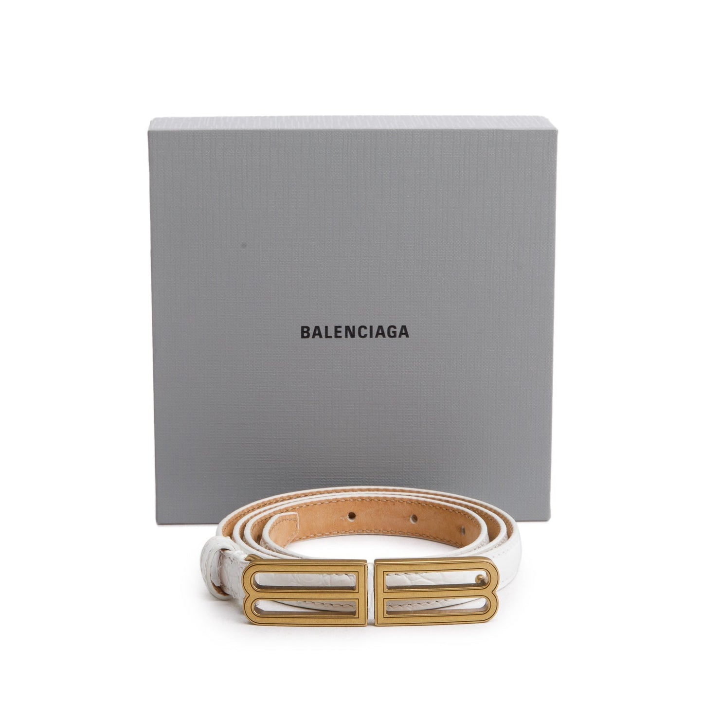 Balenciaga White Croc Embossed Leather BB Thin Belt 80