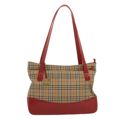 Luxury BurberrySs Nova Check Tote Bag Canvas Beige Red Auth 68740