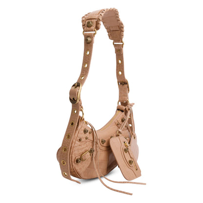 Balenciaga Beige Extra Supple Calfskin Crocodile Embossed Le Cagole XS Shoulder Bag
