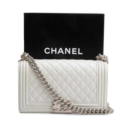 Chanel Pearly White Quilted Lambskin Leather Medium Boy Bag
