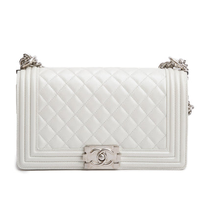 Chanel Pearly White Quilted Lambskin Leather Medium Boy Bag