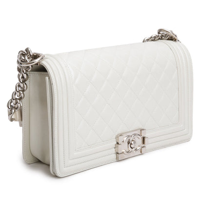 Chanel Pearly White Quilted Lambskin Leather Medium Boy Bag