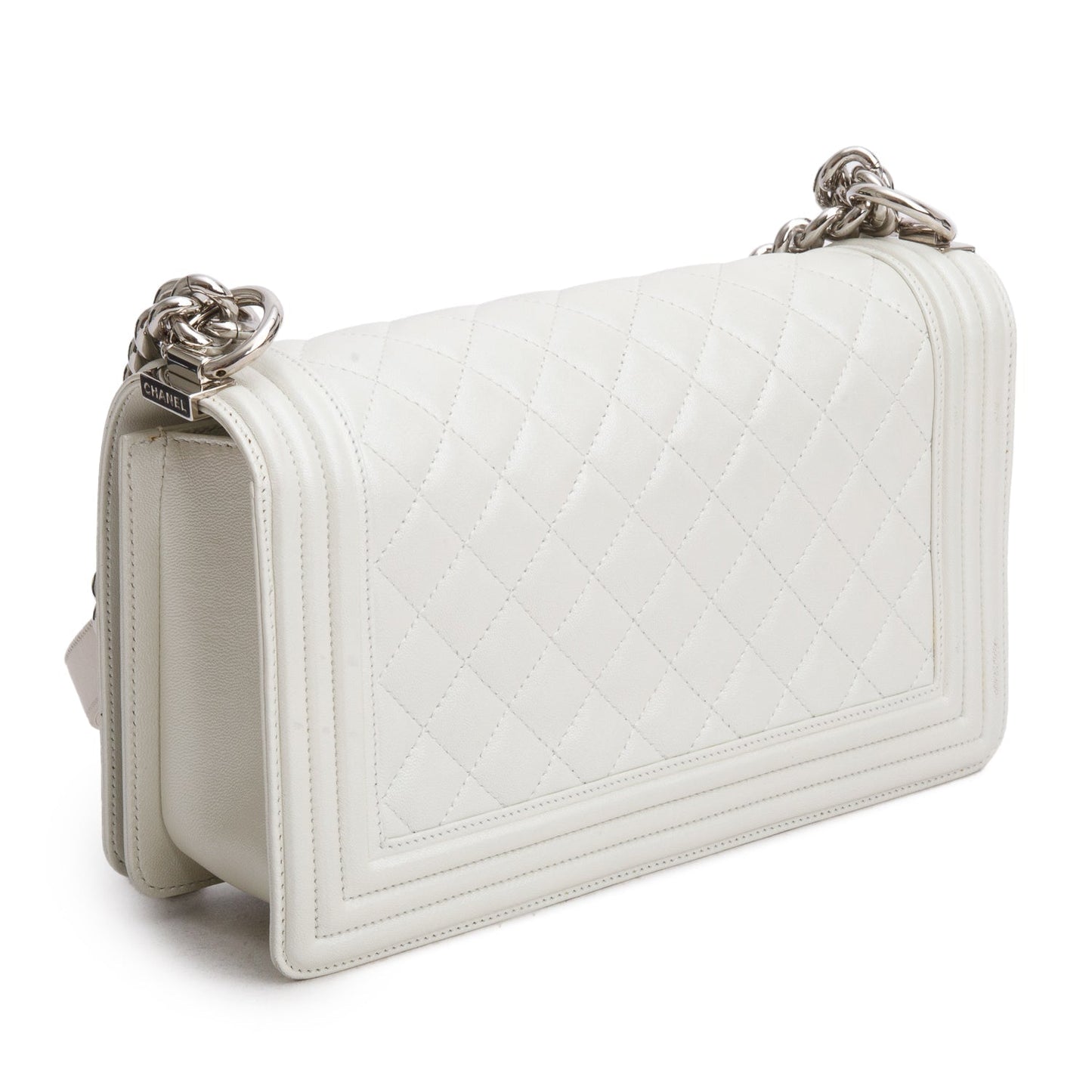 Chanel Pearly White Quilted Lambskin Leather Medium Boy Bag