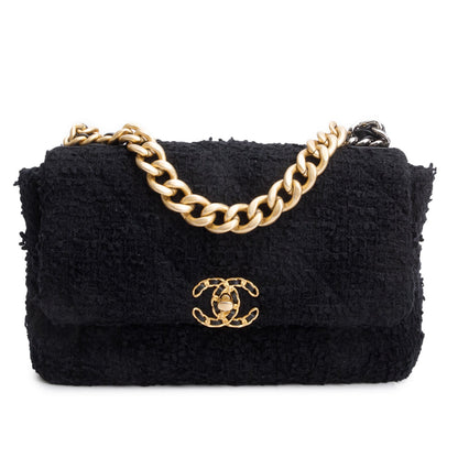 Chanel 2020 Black Tweed Quilted Medium Chanel 19 Flap