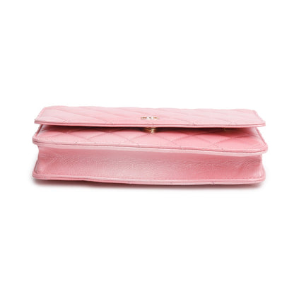 Chanel Pink Cloudy Pearly Goatskin Quilted Wallet on Chain
