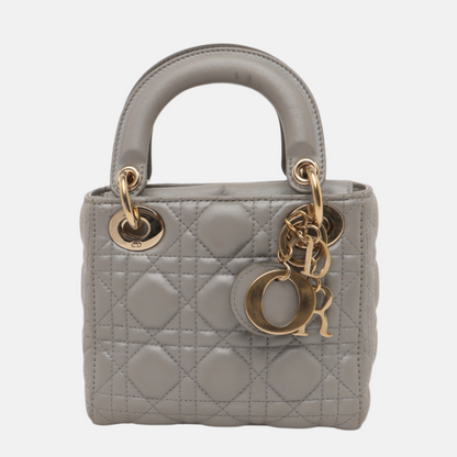 Lady Dior Mini Pearlescent Grey Lambskin Leather Gold HW Chain Strap