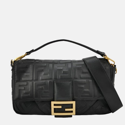Fendi Baguette Black Leather 3D FF Motif Crossbody Bag Large