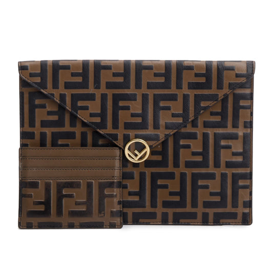 Fendi Brown Vitello Ceylon FF 1974 Embossed FF Diamonds Flat Envelope Pouch