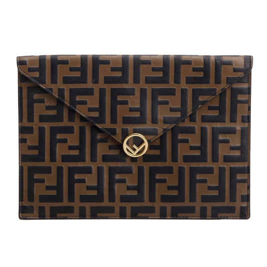 Fendi Brown Vitello Ceylon FF 1974 Embossed FF Diamonds Flat Envelope Pouch