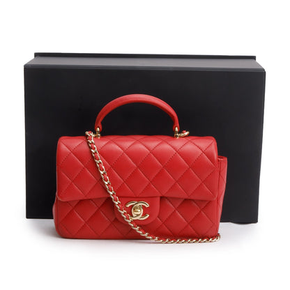 Chanel Red Lambskin Quilted Mini Top Handle Rectangular Flap