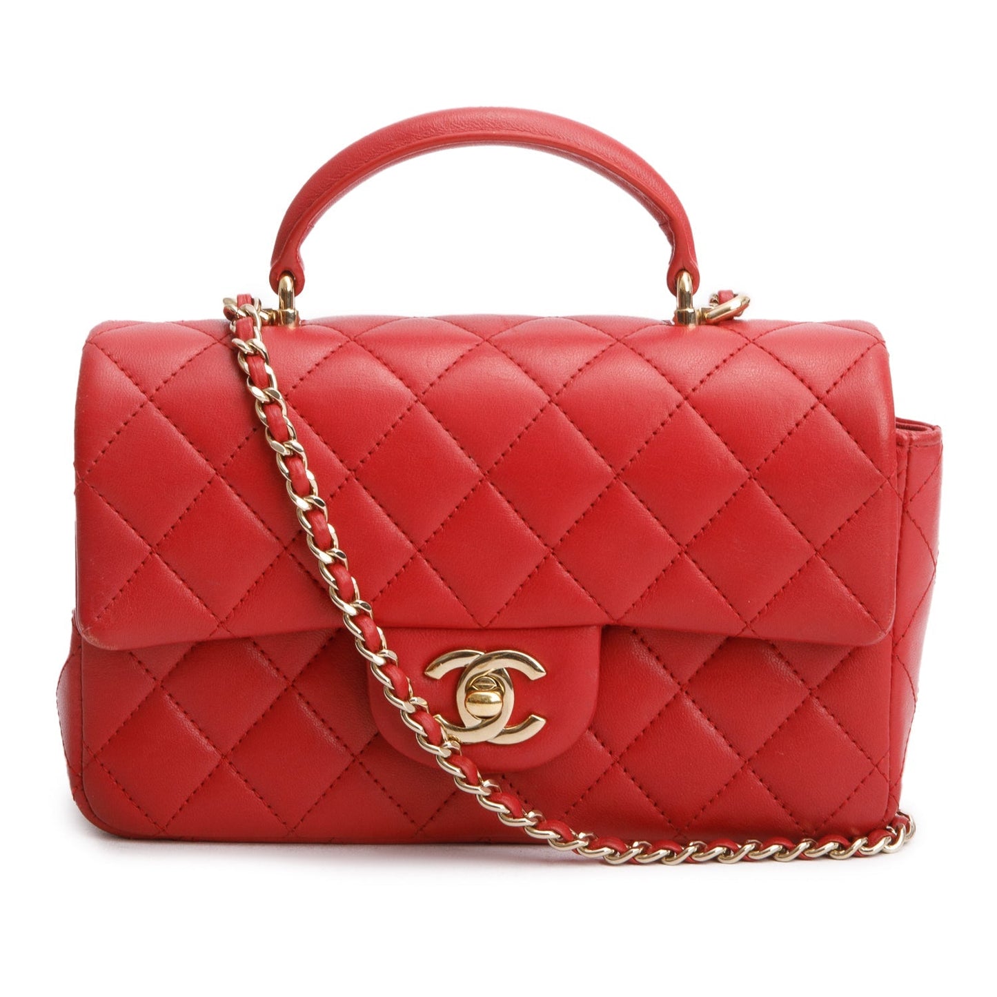 Chanel Red Lambskin Quilted Mini Top Handle Rectangular Flap