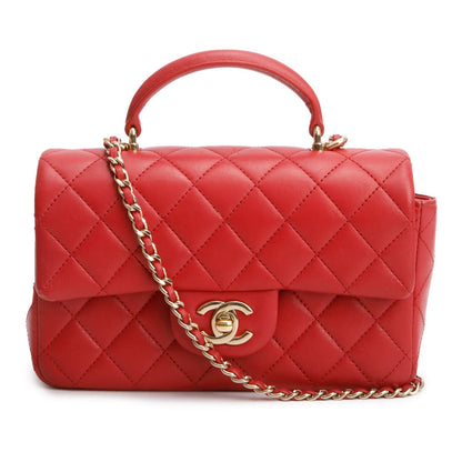 Chanel Red Lambskin Quilted Mini Top Handle Rectangular Flap
